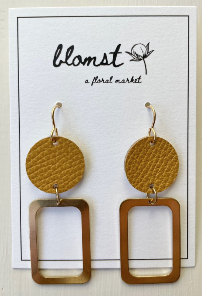 Leather & Brass Rectangle Earrings